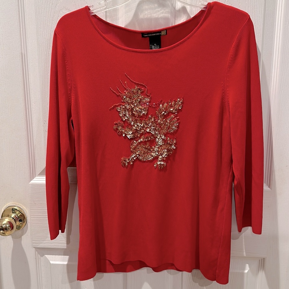 SweaterWorks Red with gold Sequin Beaded dragon Sweater XL